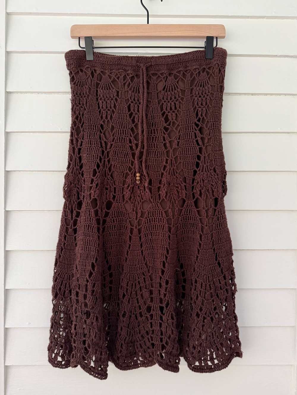 Vintage Brown Crochet Lace Midi Skirt XS Boho Cottagecore